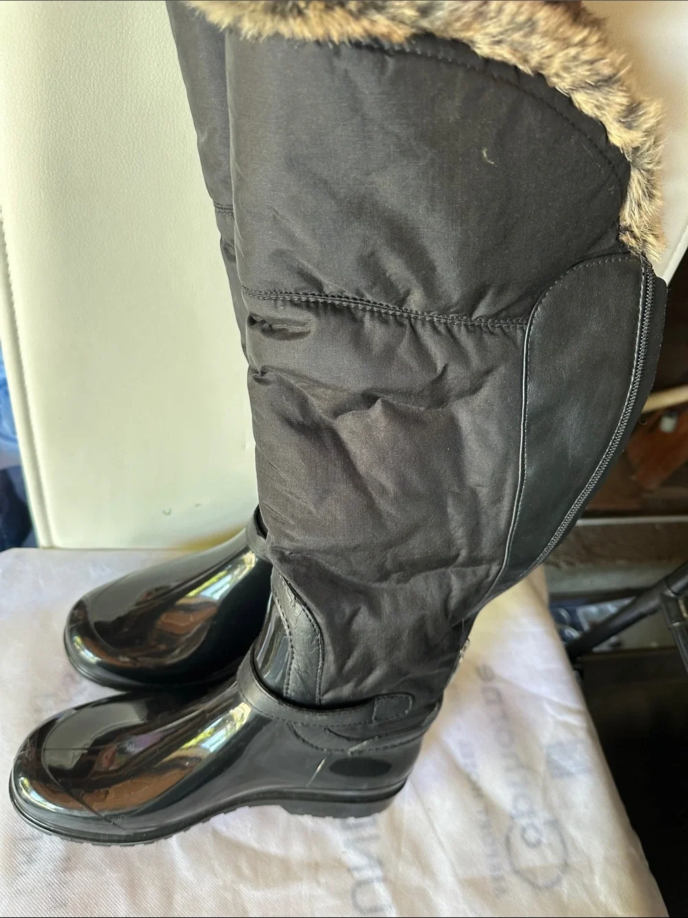 Santana Canada Black Quilted Knee-High Rain Boots with Fur Trim